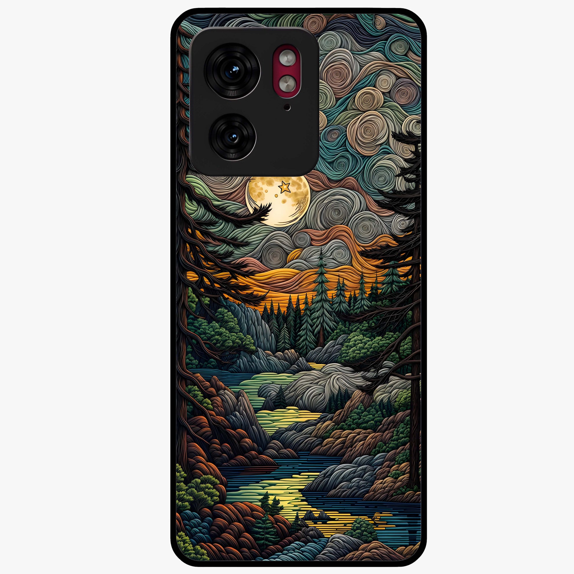 Moonlight Forest Dream Glass Case showing flat back view with mystical forest moonlight artwork and glossy glass finish.