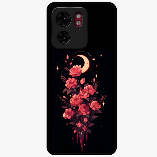 Moonlit Floral Elegance Glass Case showing flat back view with elegant floral artwork under moonlit tones and glossy glass finish.