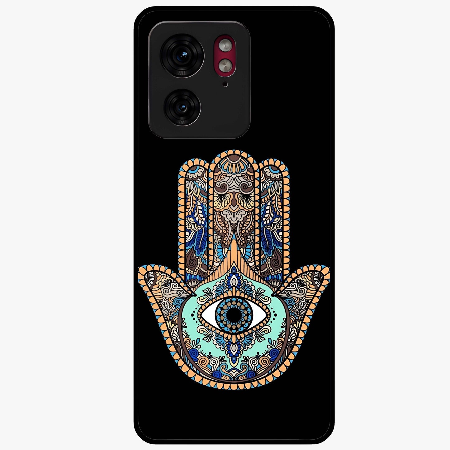 Mystic Hamsa Eye Glass Case showing flat back view with protective hamsa hand and evil eye artwork and glossy glass finish.