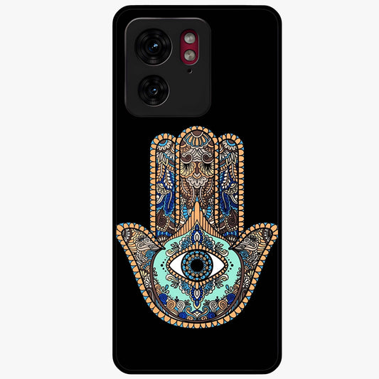 Mystic Hamsa Eye Glass Case showing flat back view with protective hamsa hand and evil eye artwork and glossy glass finish.