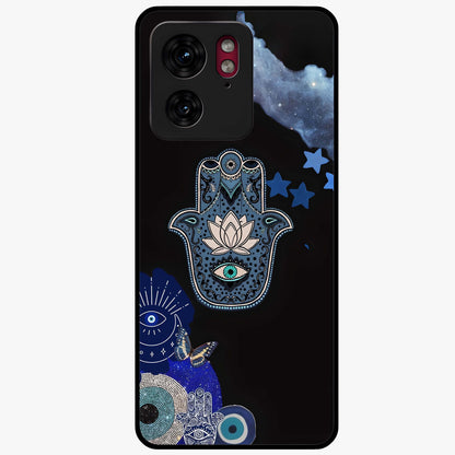 Mystic Hand Aura Glass Case showing flat back view with mystical hand symbol artwork and glossy glass finish.
