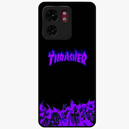 Neon Flame Riot Glass Case showing flat back view with neon flame artwork and glossy glass finish.