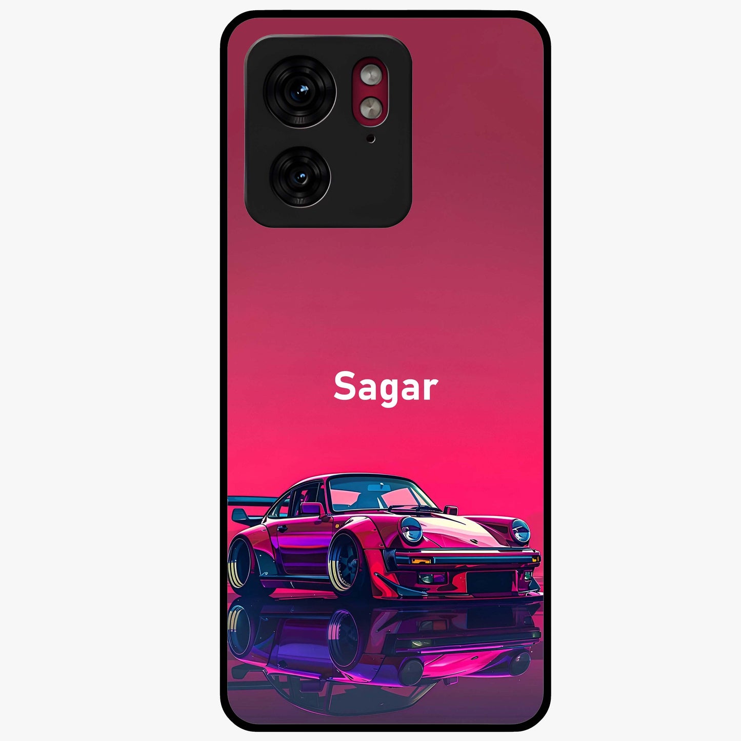 Neon Pink Porsche Glass Case showing flat back view with stylish sports car artwork and glossy glass finish.