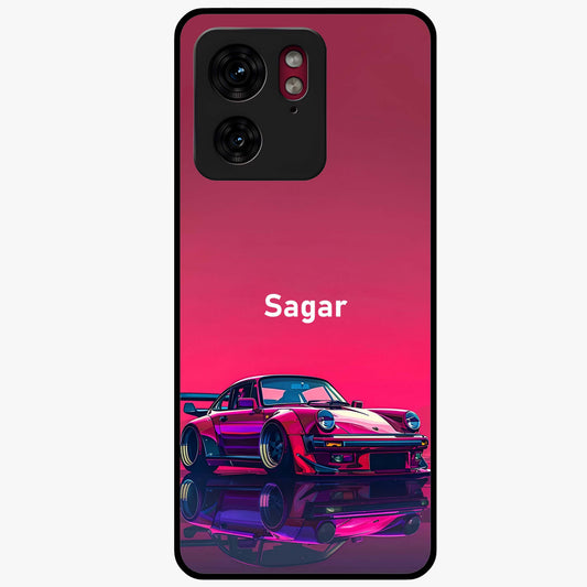 Neon Pink Porsche Glass Case showing flat back view with stylish sports car artwork and glossy glass finish.