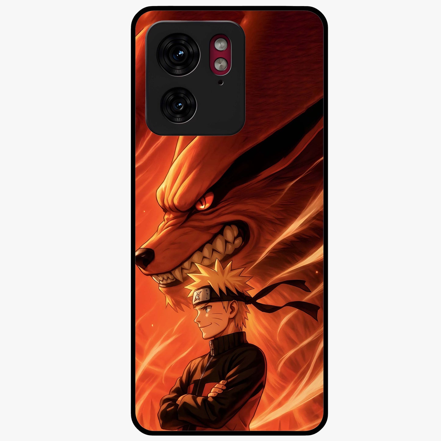 Nine Tails Legacy Glass Case showing flat back view with powerful nine-tailed fox inspired artwork and glossy glass finish.