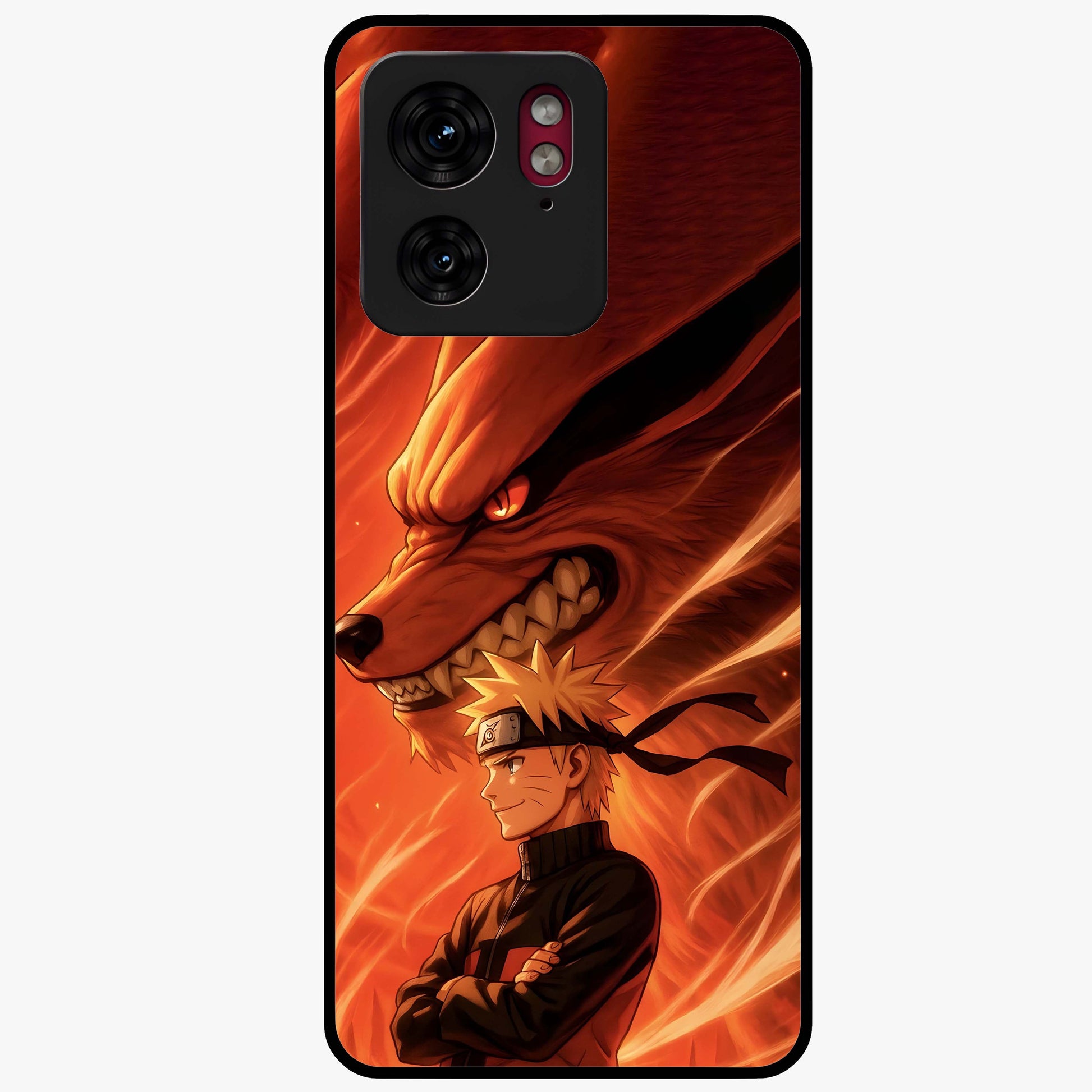Nine Tails Legacy Glass Case showing flat back view with powerful nine-tailed fox inspired artwork and glossy glass finish.