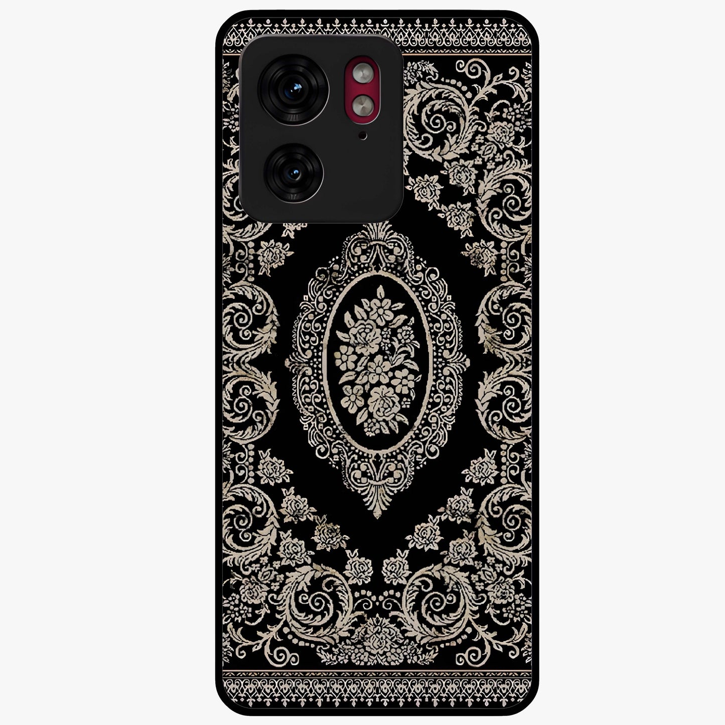 Noir Bloom Elegance Glass Case showing flat back view with elegant dark floral artwork and glossy glass finish.