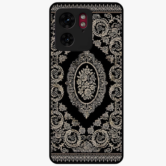 Noir Bloom Elegance Glass Case showing flat back view with elegant dark floral artwork and glossy glass finish.