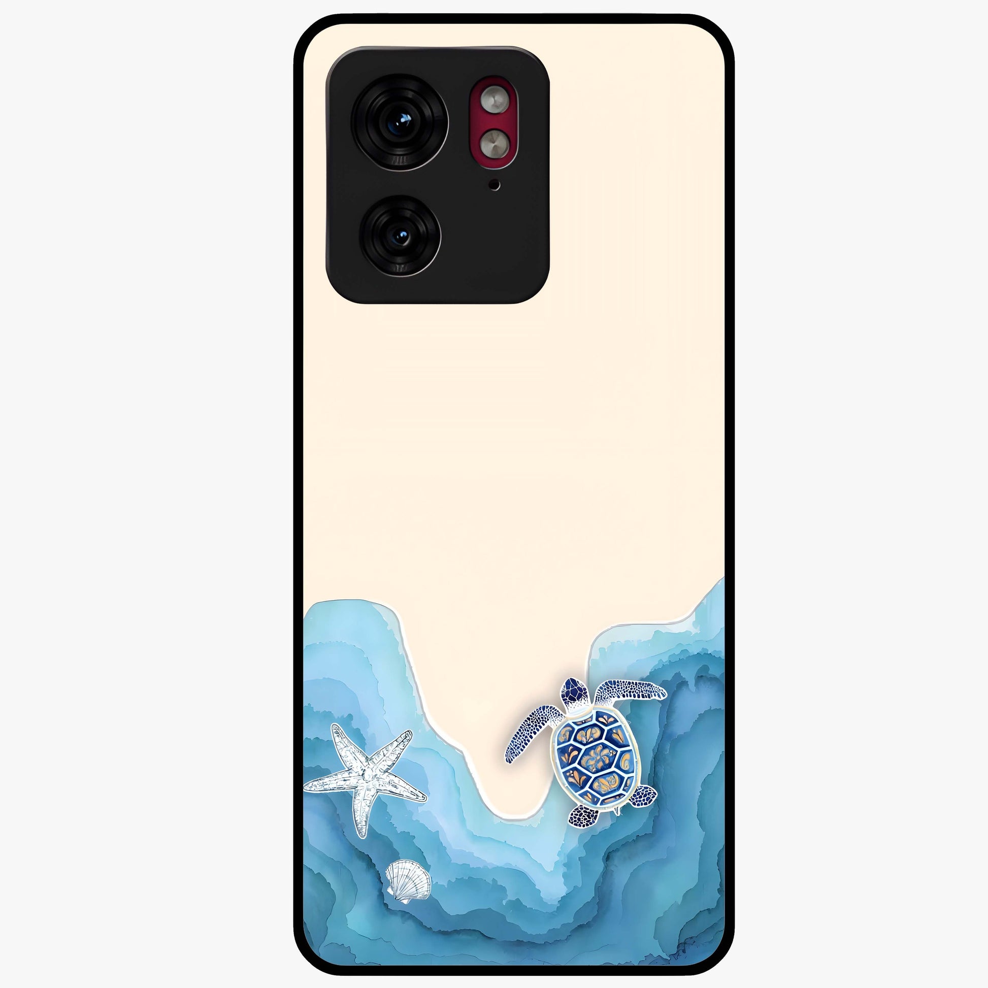 Ocean Drift Turtle Glass Case showing flat back view with sea turtle artwork and glossy glass finish.