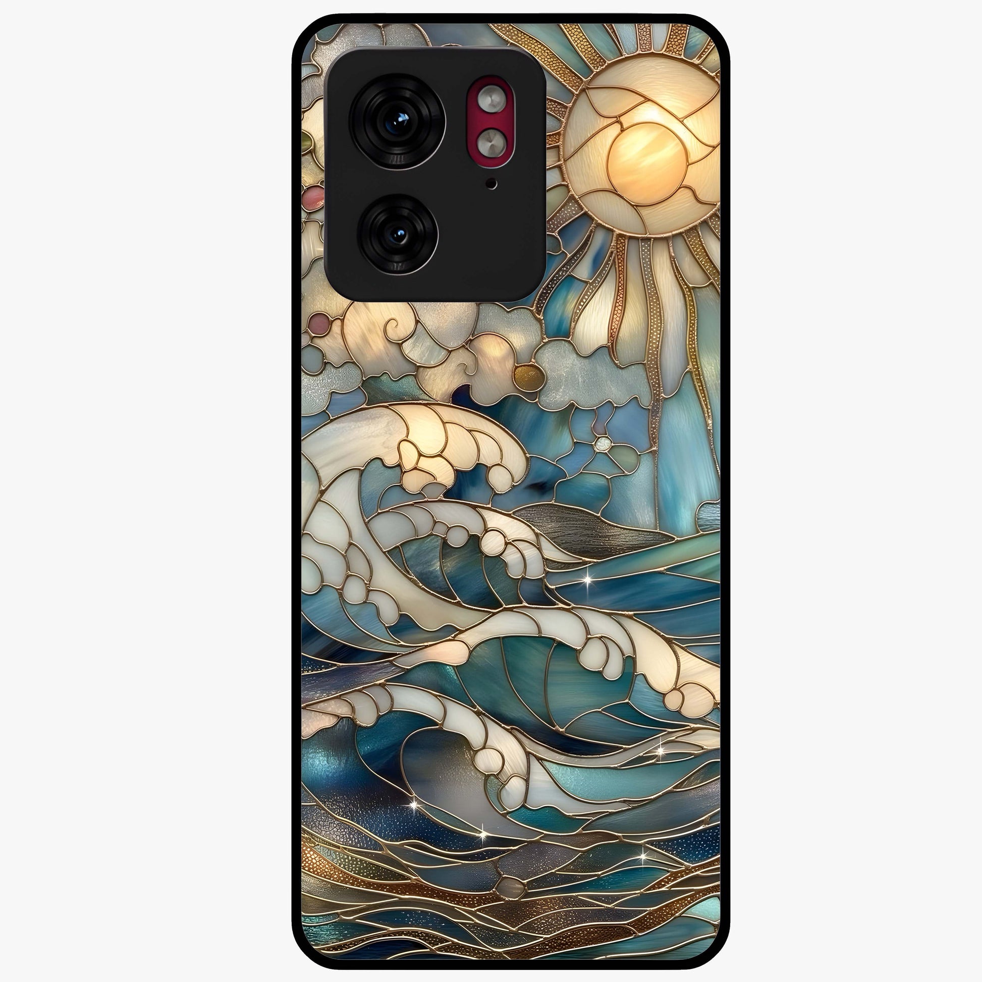 Oceanic Stained Printed Glass Case showing flat back view with ocean inspired stained pattern artwork and glossy glass finish.