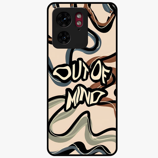 Out Of Mind Glass Case showing flat back view with expressive typography artwork and glossy glass finish.