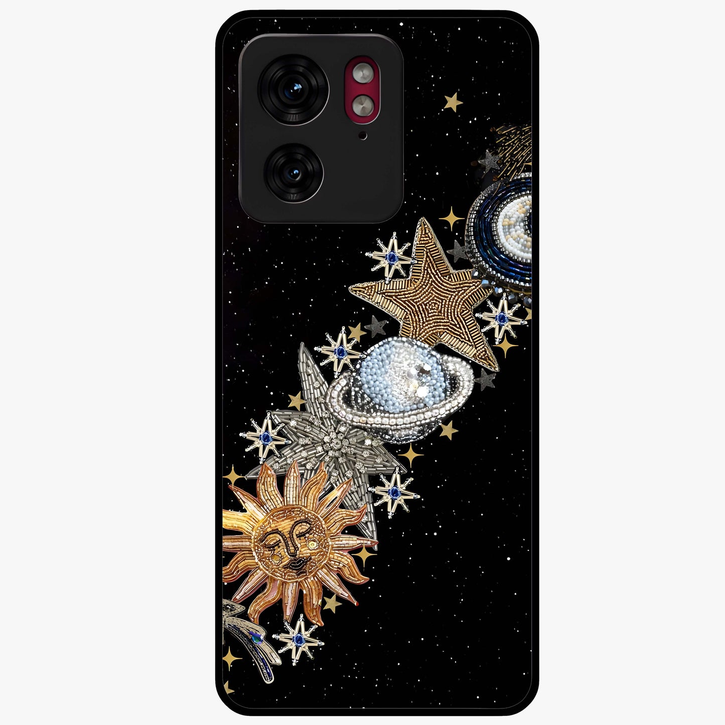 Pearls Universe Object Glass Case showing flat back view with pearl inspired cosmic artwork and glossy glass finish.