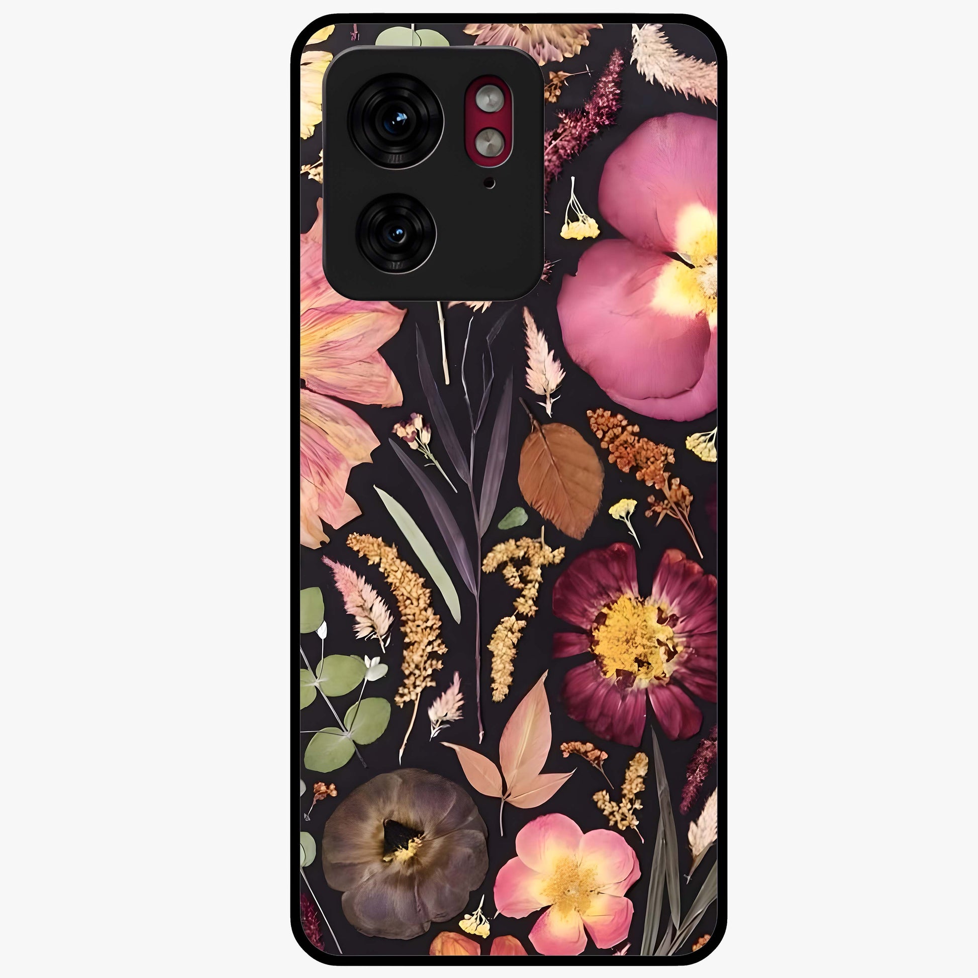 Petal Dream Tapestry Glass Case showing flat back view with intricate floral tapestry artwork and glossy glass finish.