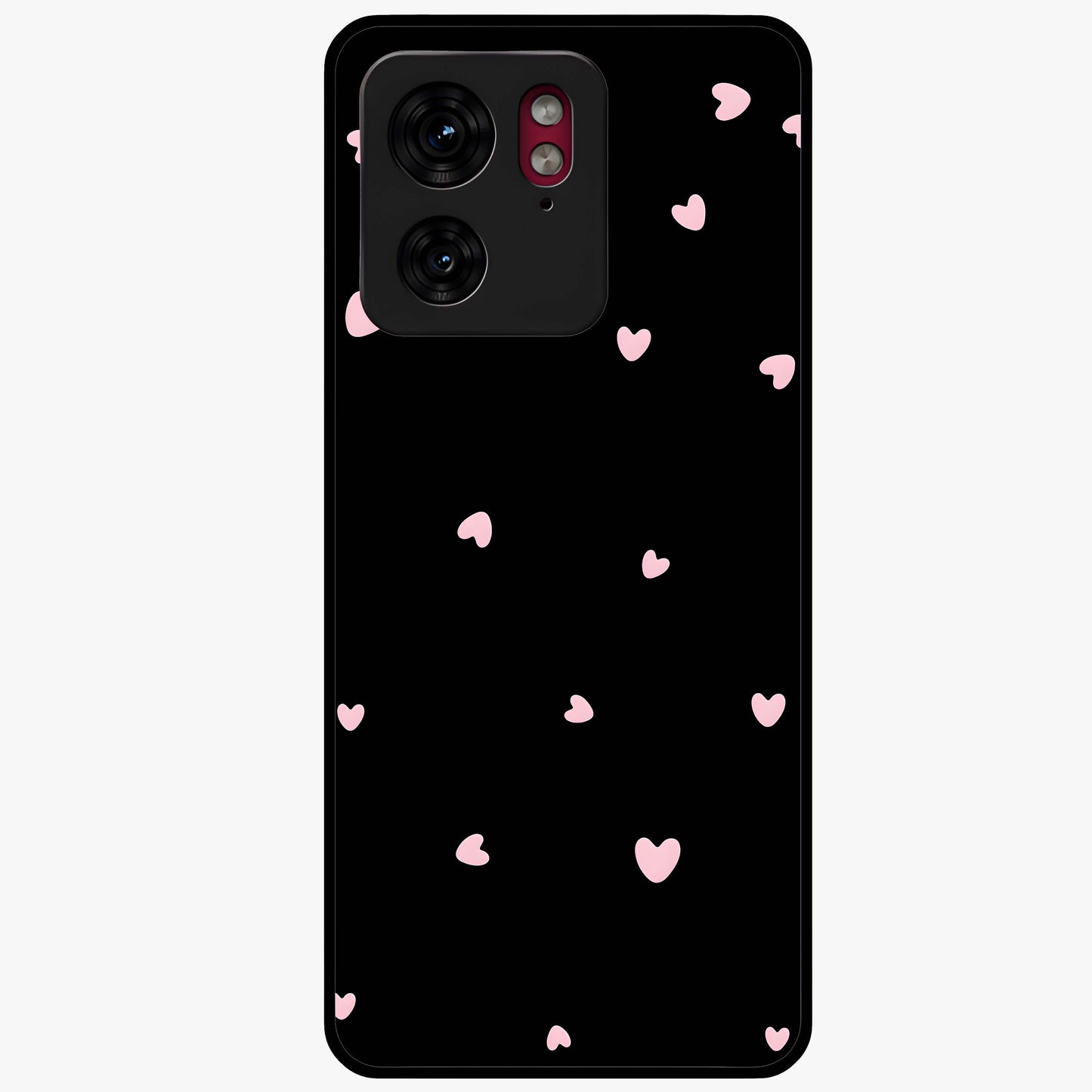 Pink Love Drops Glass Case showing flat back view with playful pink heart drops artwork and glossy glass finish.