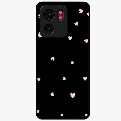 Pink Love Drops Glass Case showing flat back view with playful pink heart drops artwork and glossy glass finish.