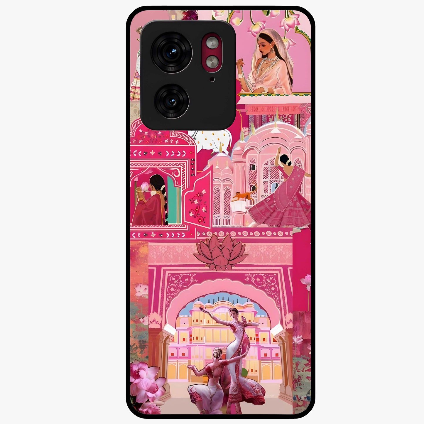 Pink Palace Muse Glass Case showing flat back view with elegant palace inspired artwork and glossy glass finish.
