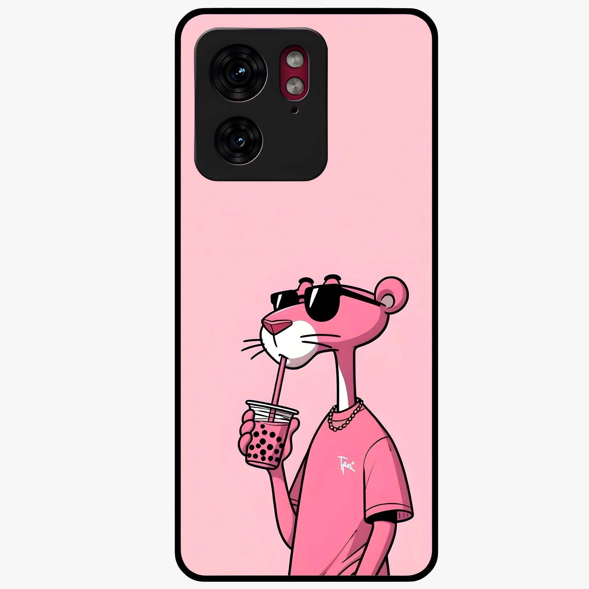 Pink Panther Glass Case showing flat back view with iconic pink panther artwork and glossy glass finish.