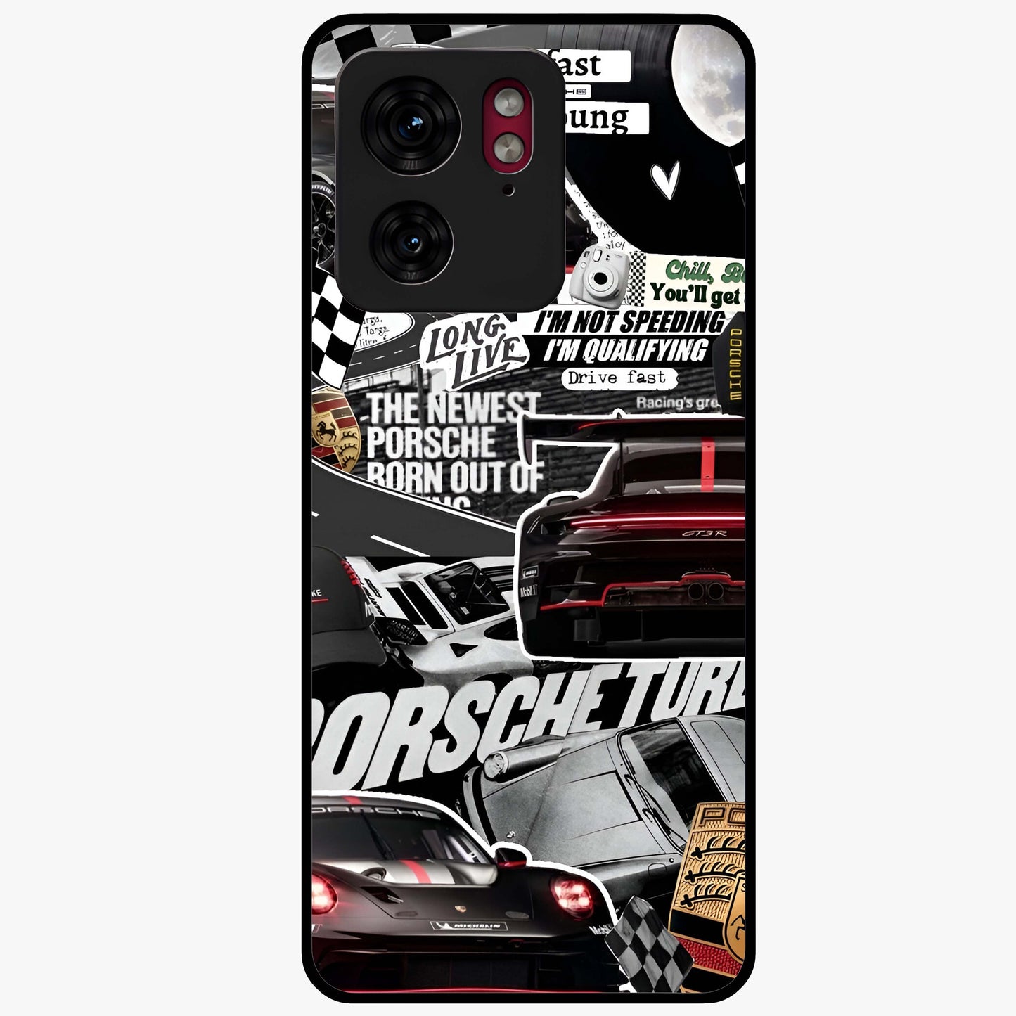 Porsche Racing Collage Glass Case showing flat back view with sports car racing collage artwork and glossy glass finish.