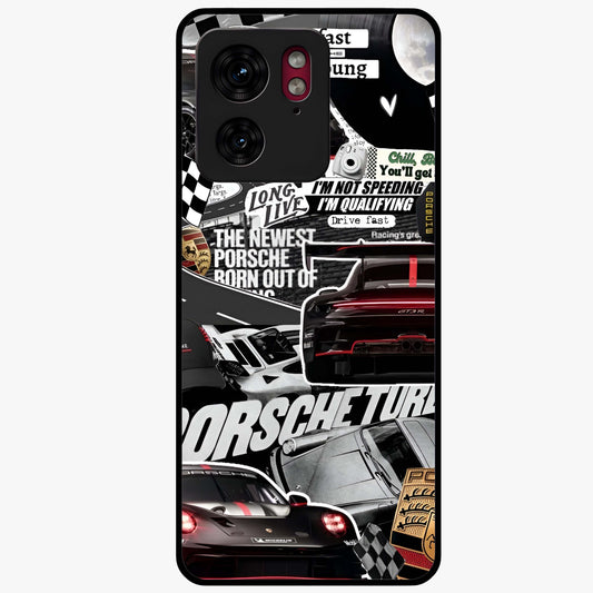 Porsche Racing Collage Glass Case showing flat back view with sports car racing collage artwork and glossy glass finish.
