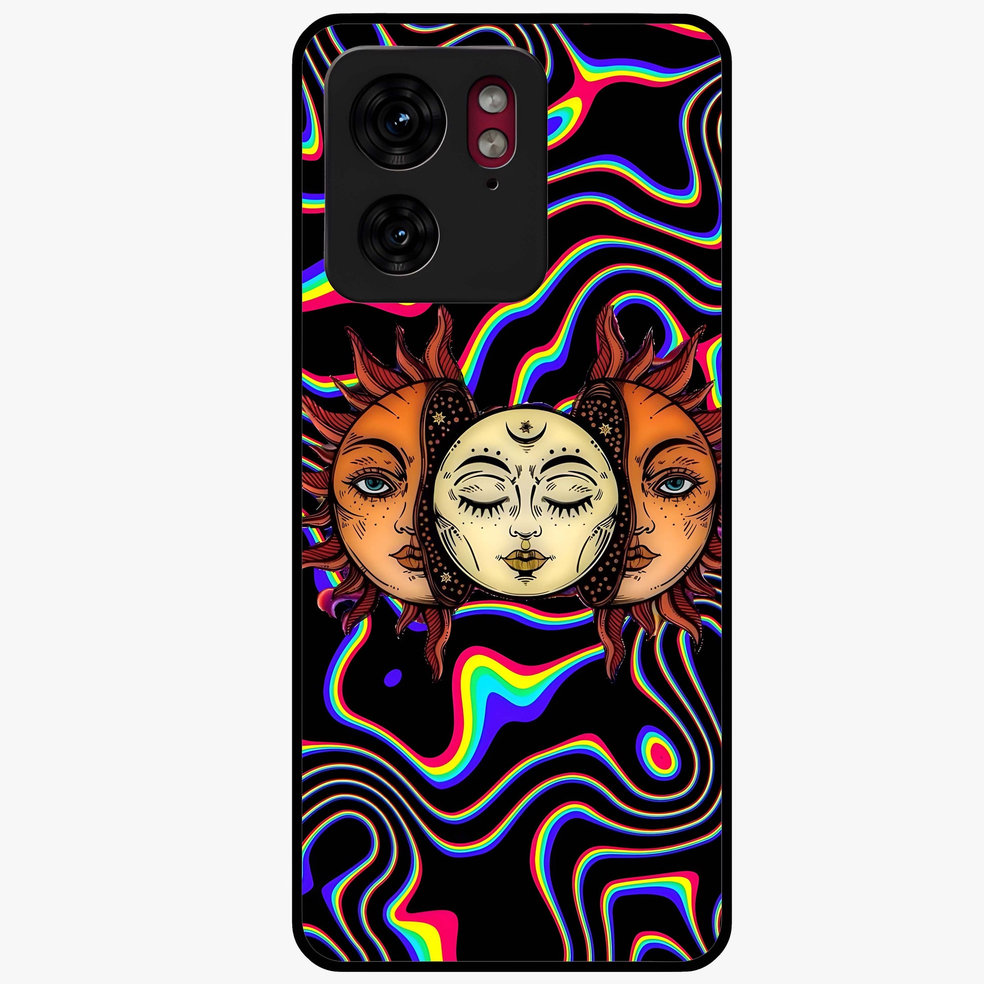 Psychedelic Sun Glass Case showing flat back view with colorful psychedelic sun artwork and glossy glass finish.