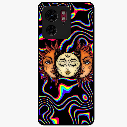 Psychedelic Sun Glass Case showing flat back view with colorful psychedelic sun artwork and glossy glass finish.