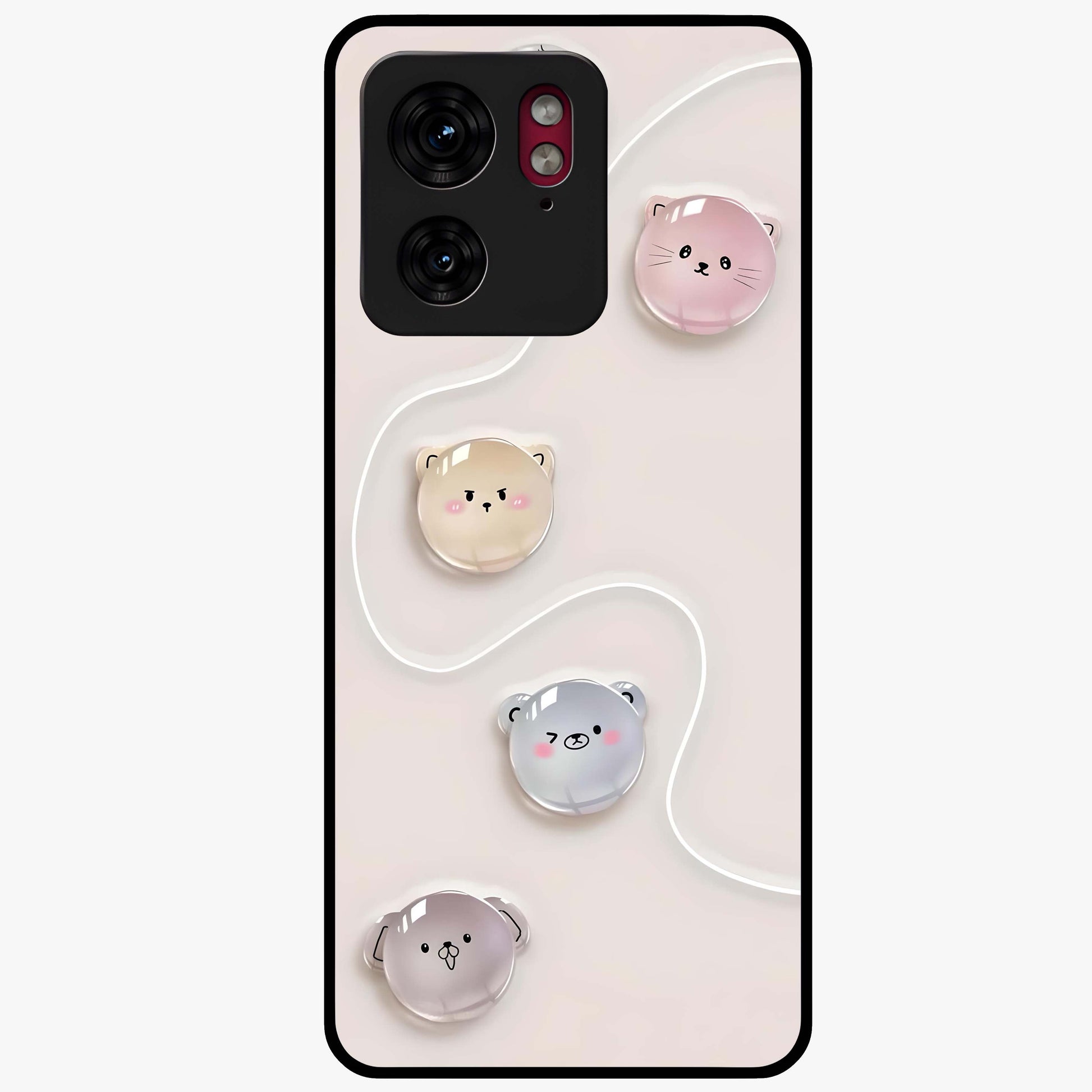 Puffy Face Parade Glass Case showing flat back view with cute puffy character faces artwork and glossy glass finish.