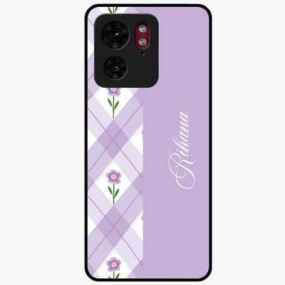 Purple Diamond Floral Glass Case showing flat back view with diamond shaped floral artwork and glossy glass finish.