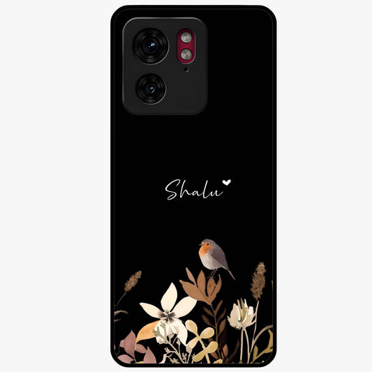Quiet Garden Tune Custom Name Glass Case showing flat back view with peaceful garden artwork and personalized name design.