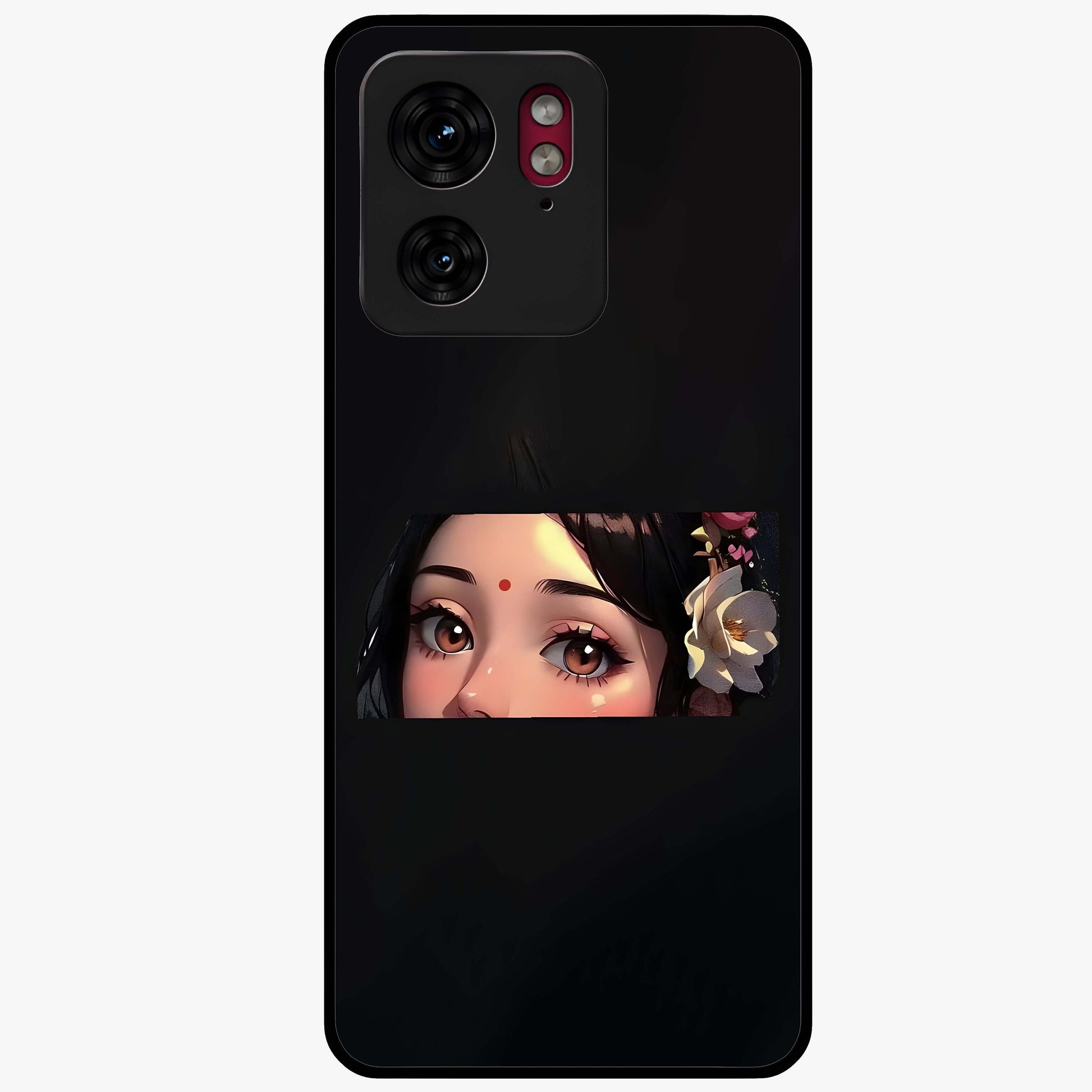 Radha Divine Embrace Glass Case showing flat back view with devotional Radha artwork and glossy glass finish.