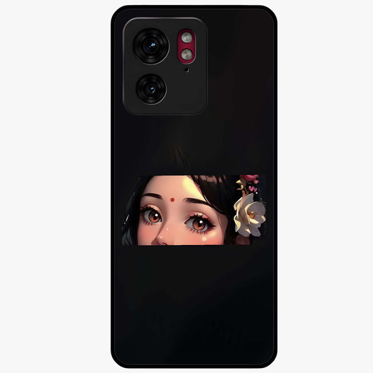 Radha Divine Embrace Glass Case showing flat back view with devotional Radha artwork and glossy glass finish.