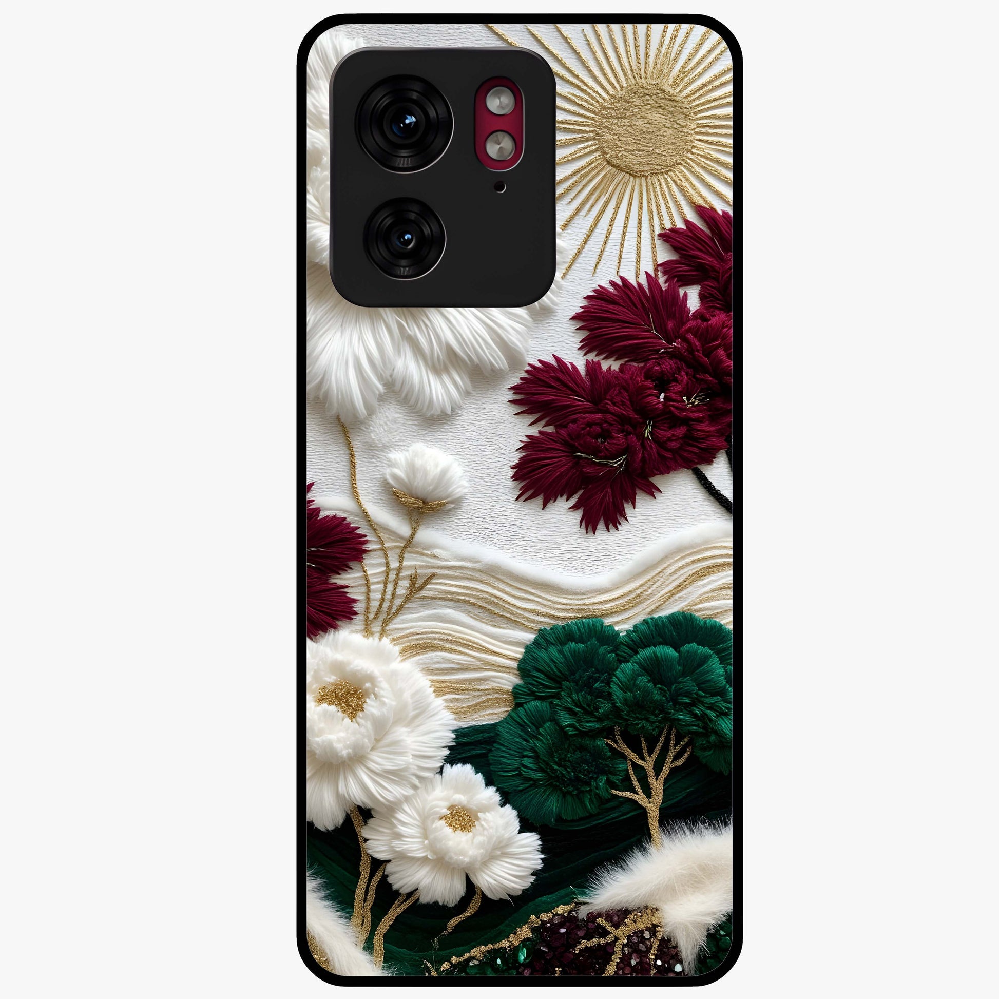 Radiant Bloom Elegance Glass Case showing flat back view with elegant blooming flower artwork and glossy glass finish.