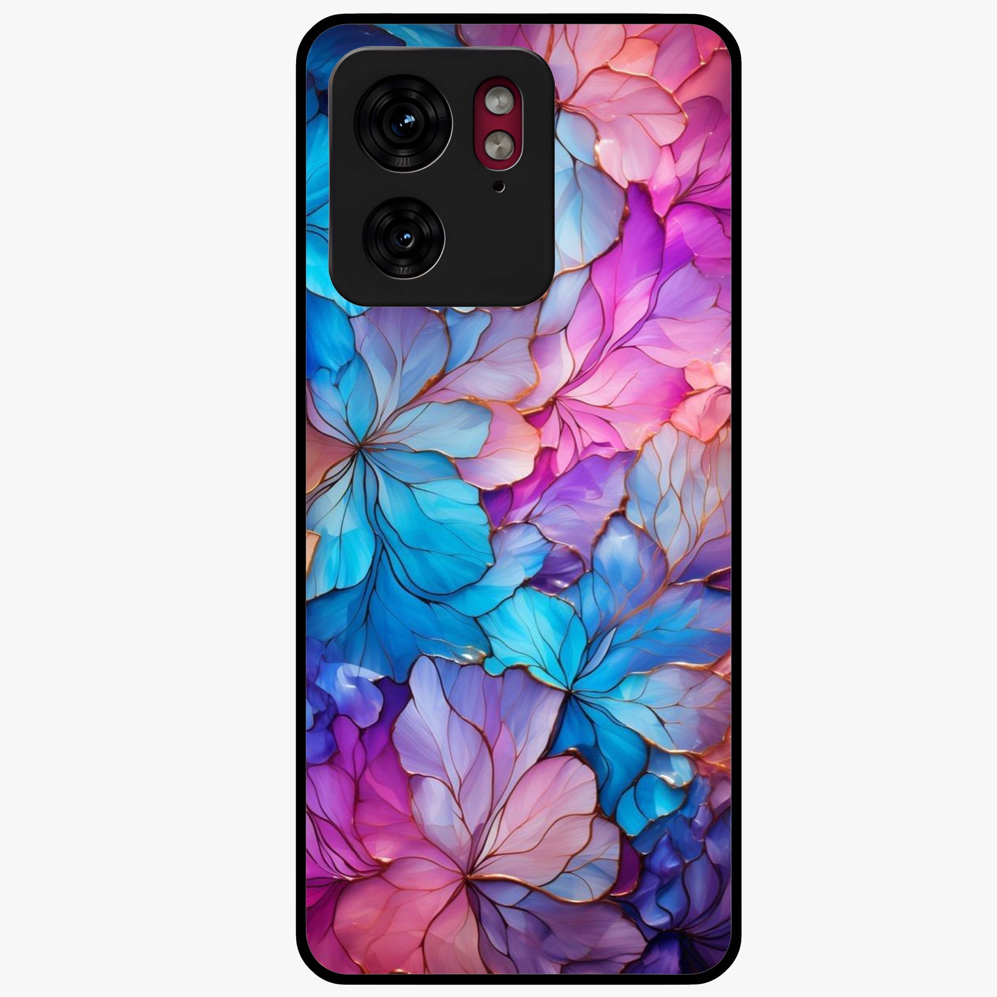 Radiant Floral Whirl Glass Case showing flat back view with swirling floral artwork and glossy glass finish.