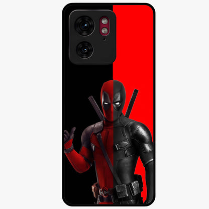 Red & Black Deadpool Theme Glass Case showing flat back view with bold comic inspired artwork and glossy glass finish.