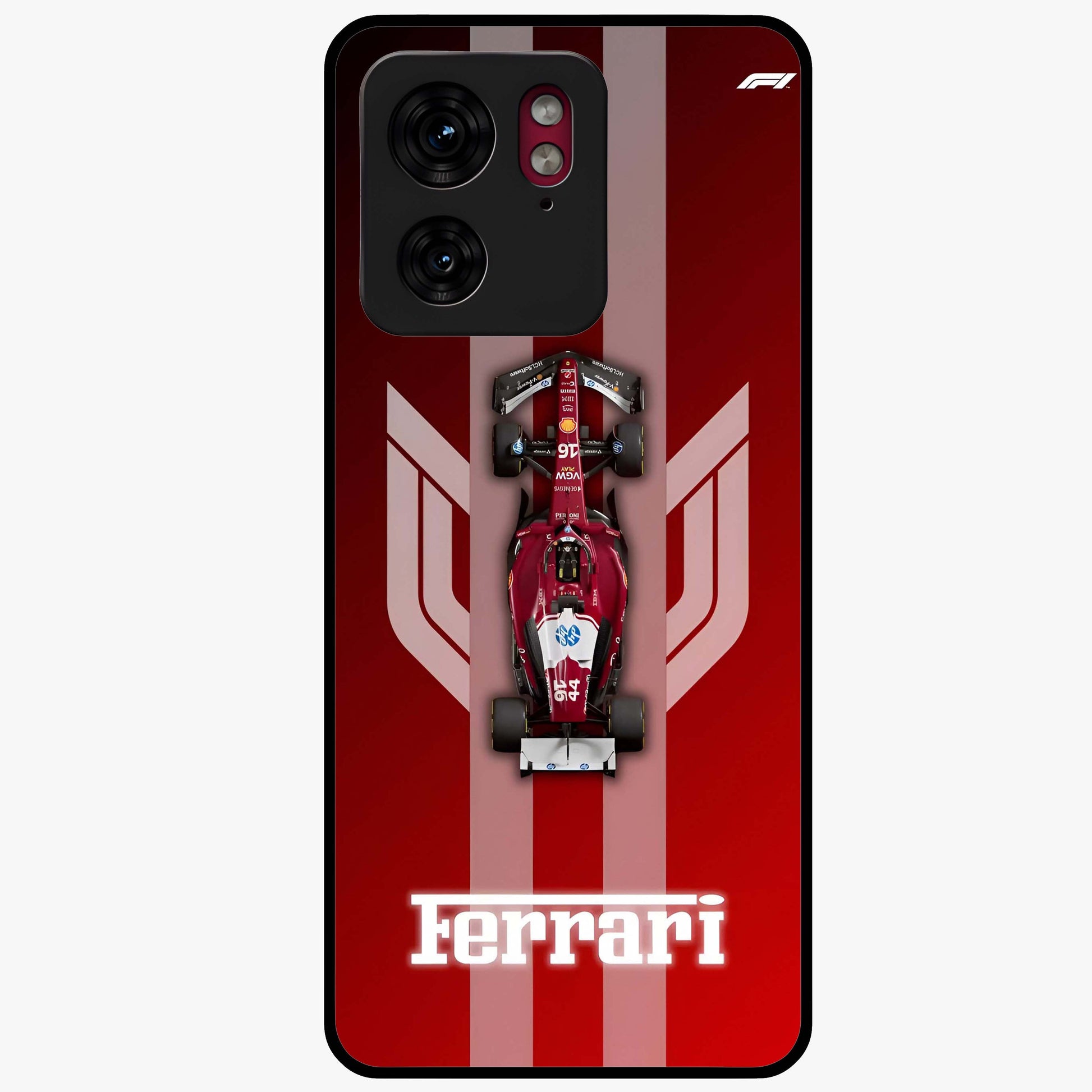 Red Ferrari F1 Vertical Glass Case showing flat back view with sleek Formula racing car artwork and glossy glass finish.