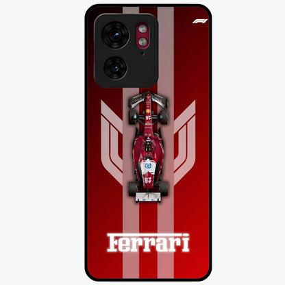 Red Ferrari F1 Vertical Glass Case showing flat back view with sleek Formula racing car artwork and glossy glass finish.