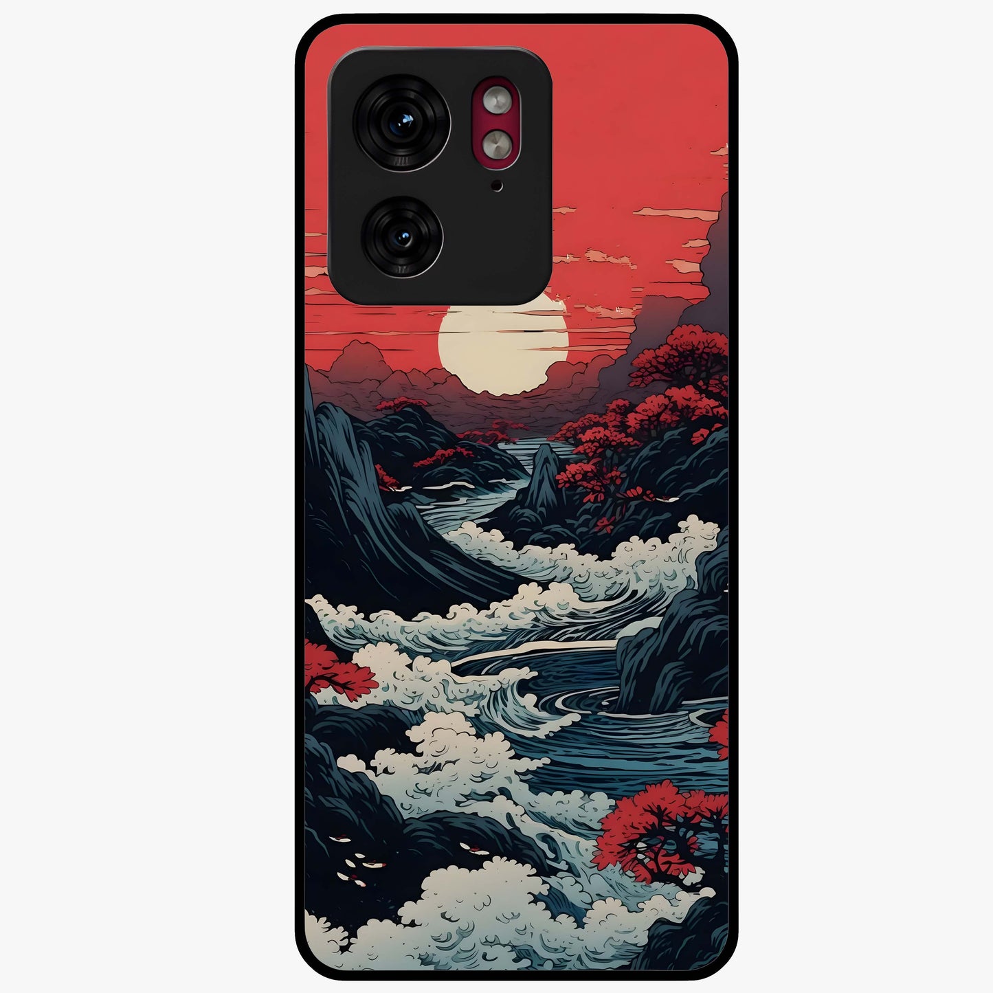 Red Sunset Scenery Glass Case showing flat back view with vibrant sunset landscape artwork and glossy glass finish.