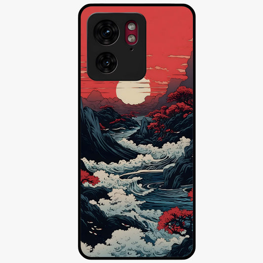 Red Sunset Scenery Glass Case showing flat back view with vibrant sunset landscape artwork and glossy glass finish.