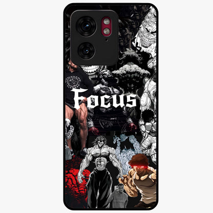 Relentless Power Focus Glass Case showing flat back view with motivational typography artwork and glossy glass finish.