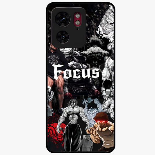 Relentless Power Focus Glass Case showing flat back view with motivational typography artwork and glossy glass finish.