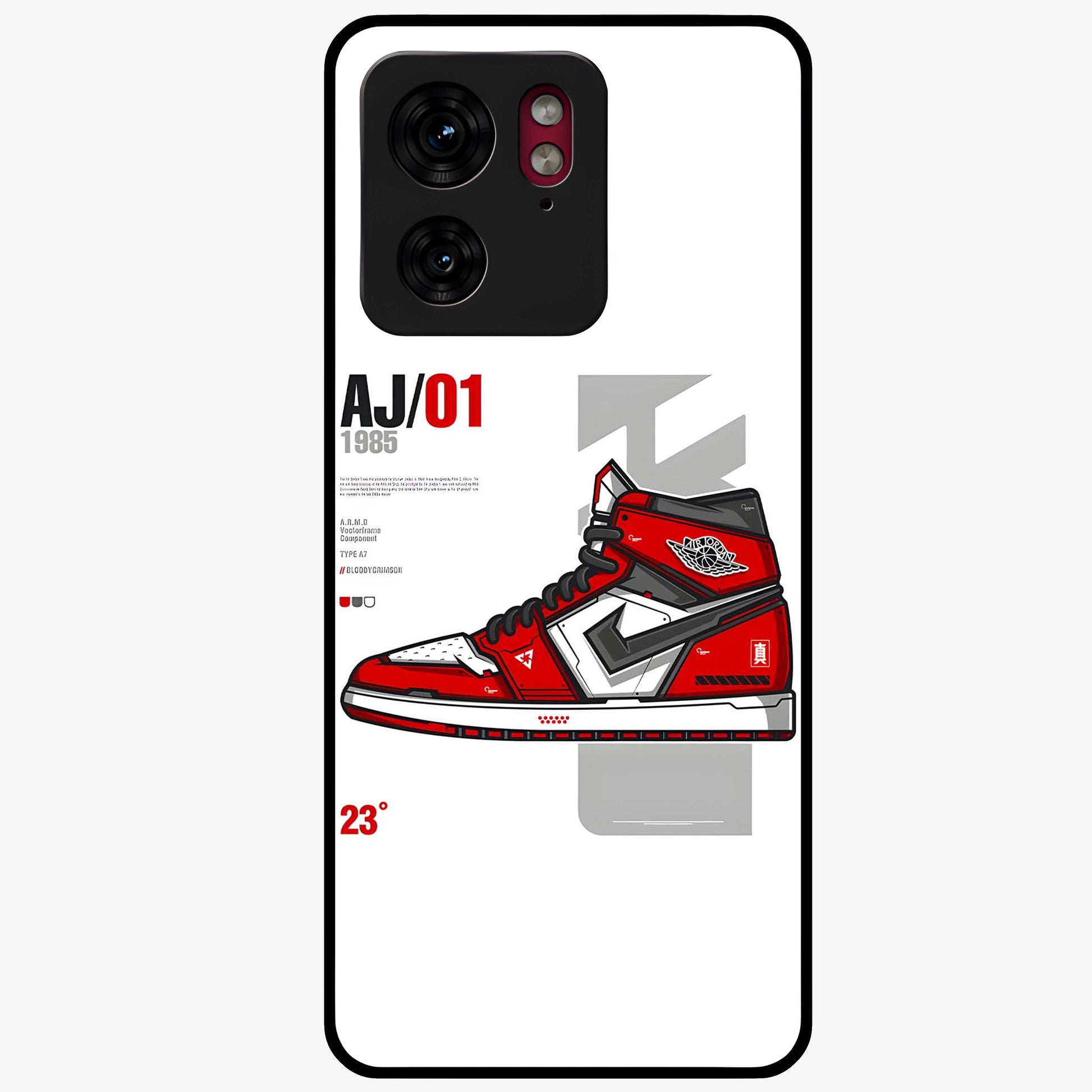 Retro Sneaker Blueprint Glass Case showing flat back view with sneaker blueprint style artwork and glossy glass finish.