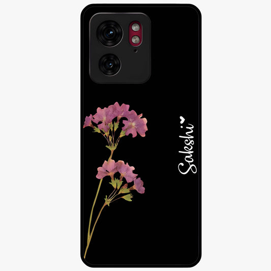 Riching Lavender Flower Custom Name Glass Case showing flat back view with lavender floral artwork and personalized name design.