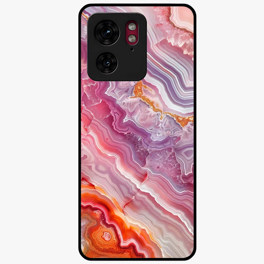 Rose Quartz Marble Glass Case showing flat back view with pink marble quartz texture artwork and glossy glass finish.