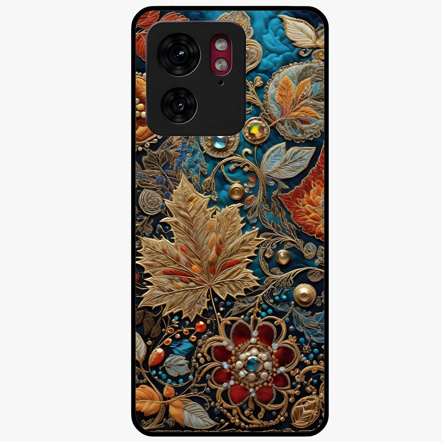 Royal Jewel Garden Glass Case showing flat back view with decorative floral garden artwork and glossy glass finish.