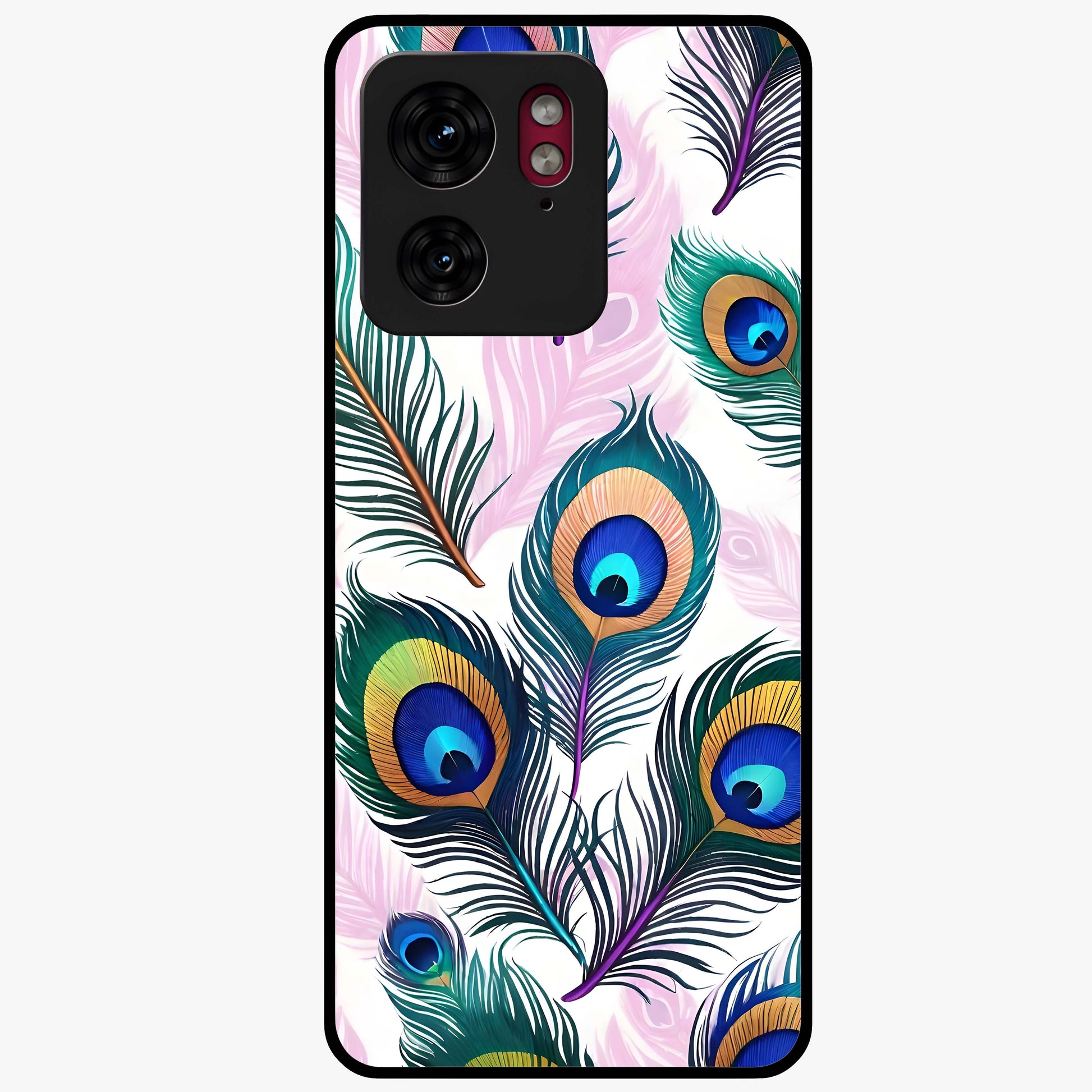 Royal Peacock Feathers Glass Case showing flat back view with colorful peacock feather artwork and glossy glass finish.