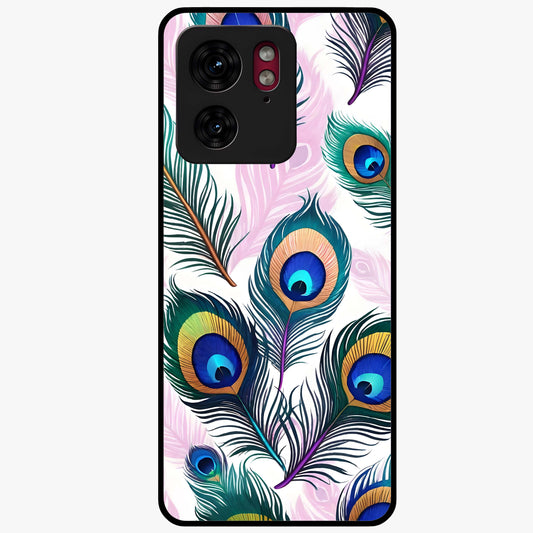 Royal Peacock Feathers Glass Case showing flat back view with colorful peacock feather artwork and glossy glass finish.