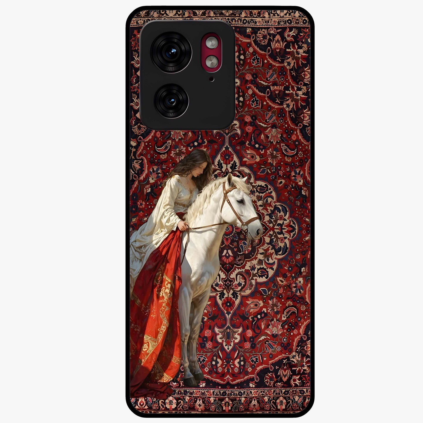 Royal Rider Tapestry Glass Case showing flat back view with majestic horse rider tapestry artwork and glossy glass finish.