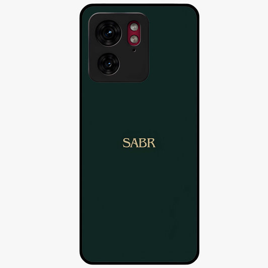 Sabr Minimal Patience Glass Case showing flat back view with minimalist typography artwork and glossy glass finish.