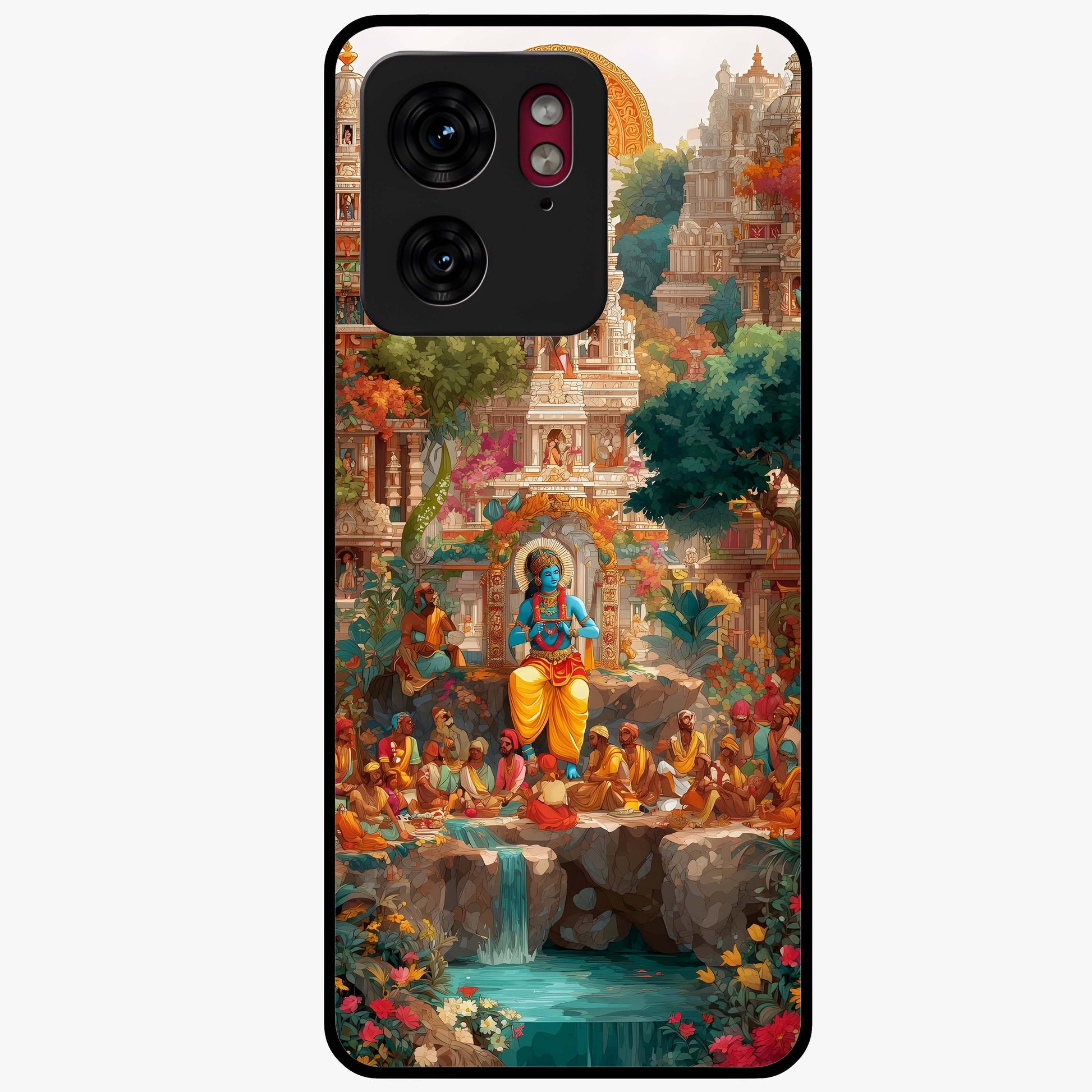 Sacred Sunlight Gods Glass Case showing flat back view with divine sunlight themed artwork and glossy glass finish.