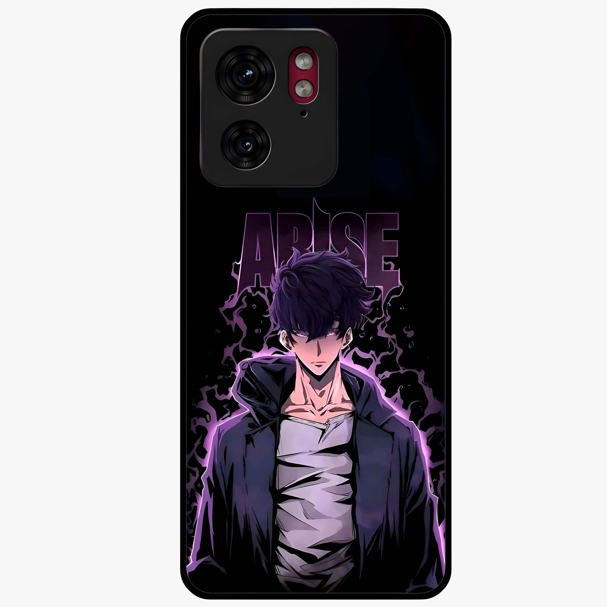 Shadow Monarch Awakening Glass Case showing flat back view with powerful dark monarch themed artwork and glossy glass finish.