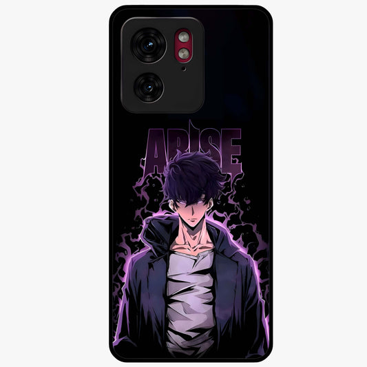 Shadow Monarch Awakening Glass Case showing flat back view with powerful dark monarch themed artwork and glossy glass finish.